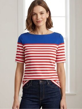 Lauren Ralph Lauren XL Red, White & Blue Nautical Striped Boatneck Tee